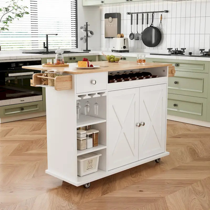 Desserte îlot de cuisine de 112 cm avec rangement, table d'appoint roulante sur roues avec abattant, casier à vin, porte-épices, porte-verres