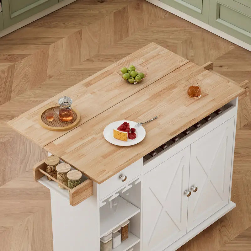 Desserte îlot de cuisine de 112 cm avec rangement, table d'appoint roulante sur roues avec abattant, casier à vin, porte-épices, porte-verres