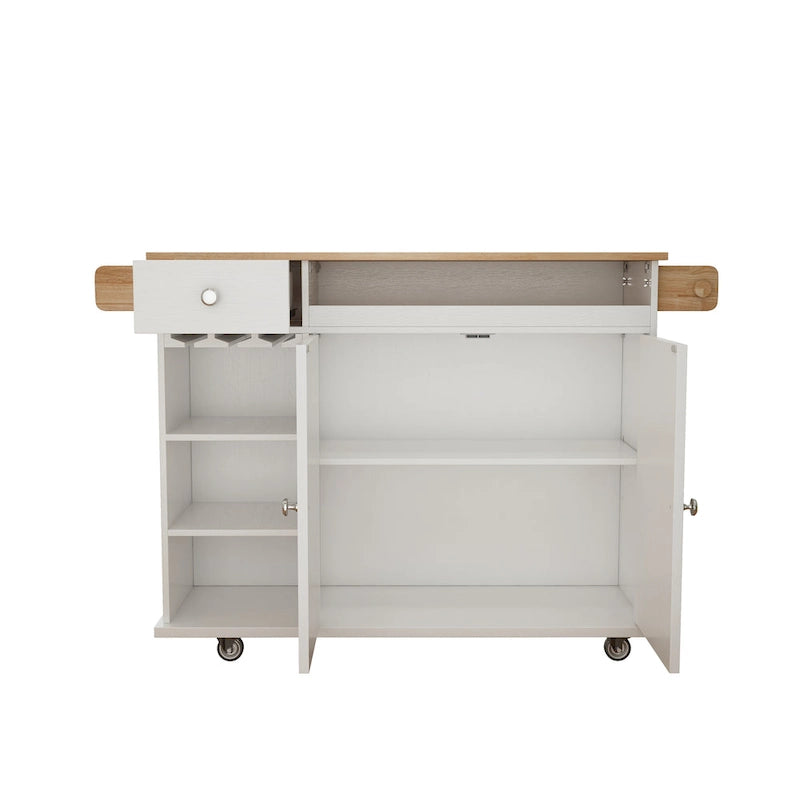 Desserte îlot de cuisine de 112 cm avec rangement, table d'appoint roulante sur roues avec abattant, casier à vin, porte-épices, porte-verres