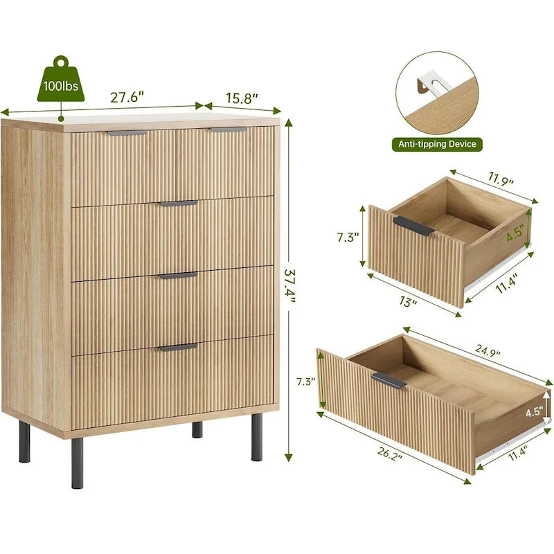 Commode cannelée à 5 tiroirs pour chambre à coucher, couloir, entrée