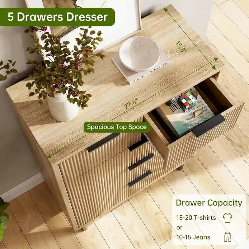 Commode cannelée à 5 tiroirs pour chambre à coucher, couloir, entrée