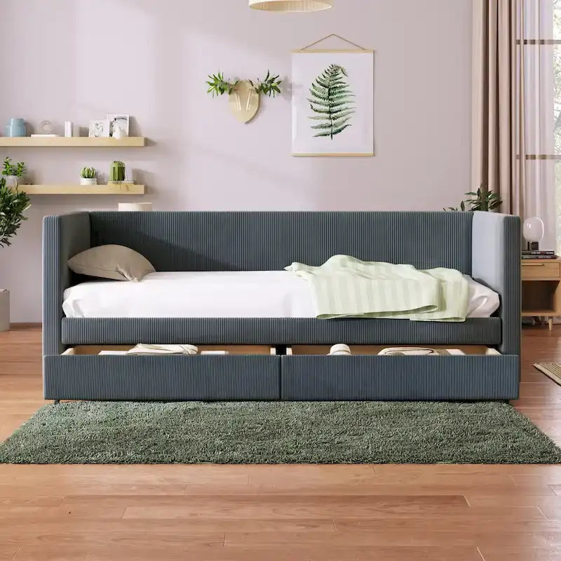 Lit de repos jumeau en velours côtelé gris avec tiroirs et support à lattes en bois