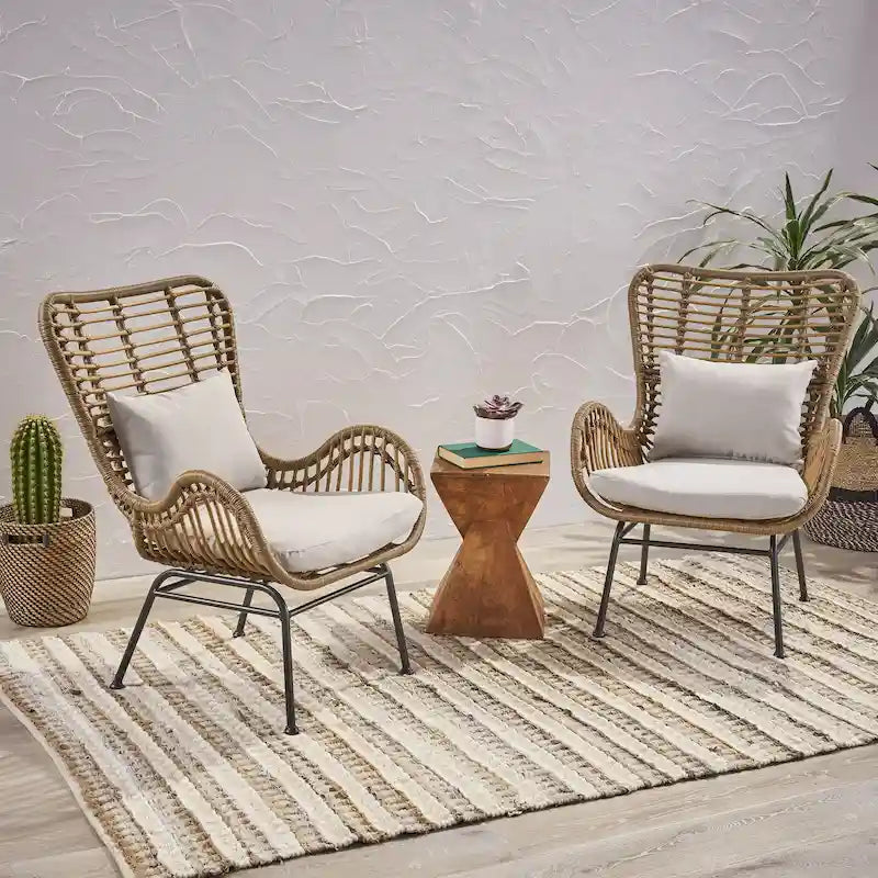 Fauteuils de club en osier d'intérieur avec coussins (lot de 2)
