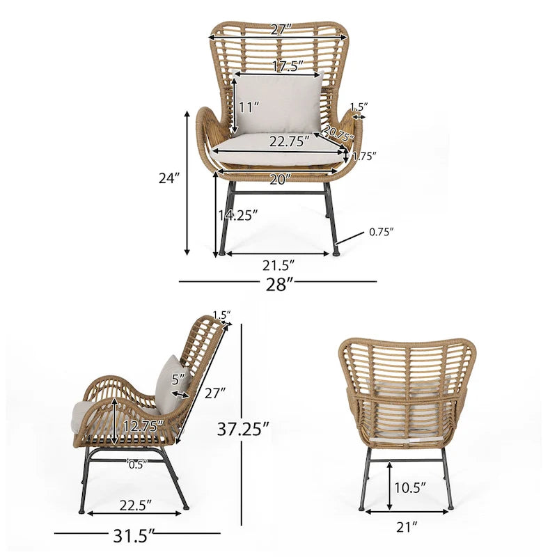 Fauteuils de club en osier d'intérieur avec coussins (lot de 2)