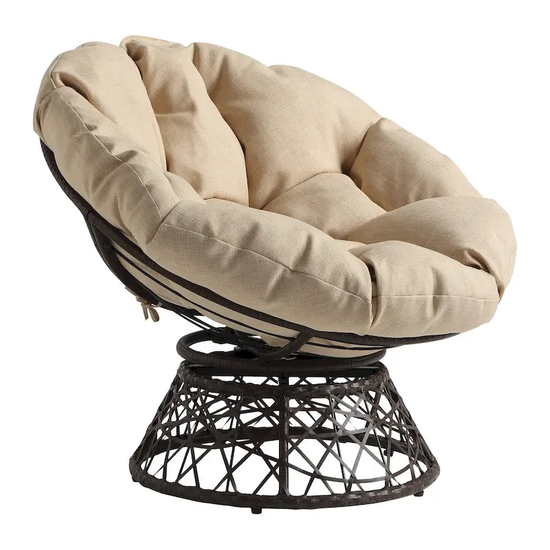 Fauteuil Papasan avec coussin rond crème et tressage en osier marron