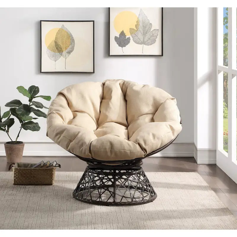 Fauteuil Papasan avec coussin rond crème et tressage en osier marron