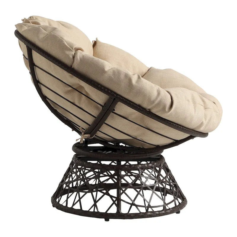 Fauteuil Papasan avec coussin rond crème et tressage en osier marron