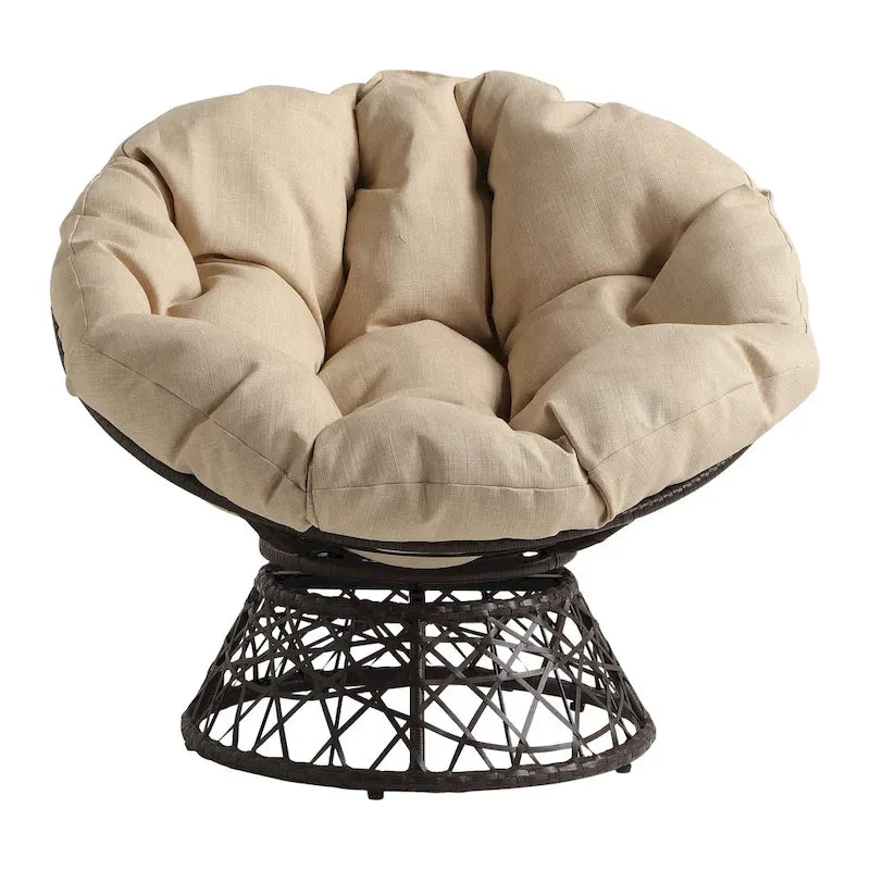Fauteuil Papasan avec coussin rond crème et tressage en osier marron