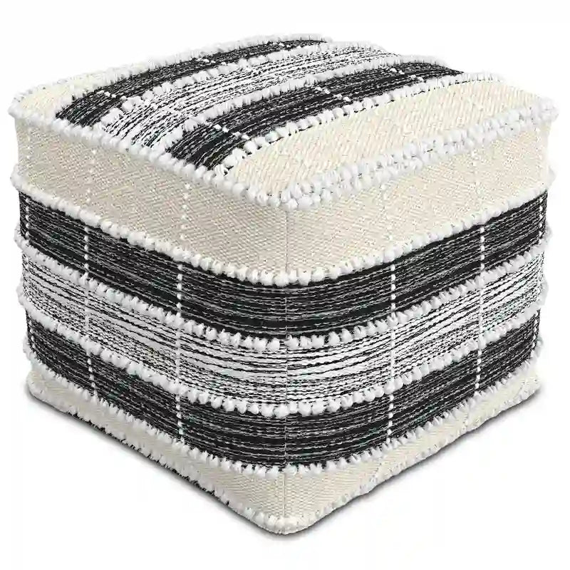Pouf carré tressé d'extérieur/d'intérieur en blanc, beige, noir avec remplissage en billes de polystyrène