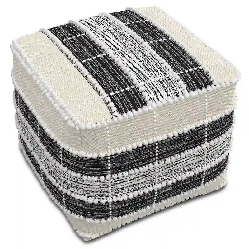 Pouf carré tressé d'extérieur/d'intérieur en blanc, beige, noir avec remplissage en billes de polystyrène