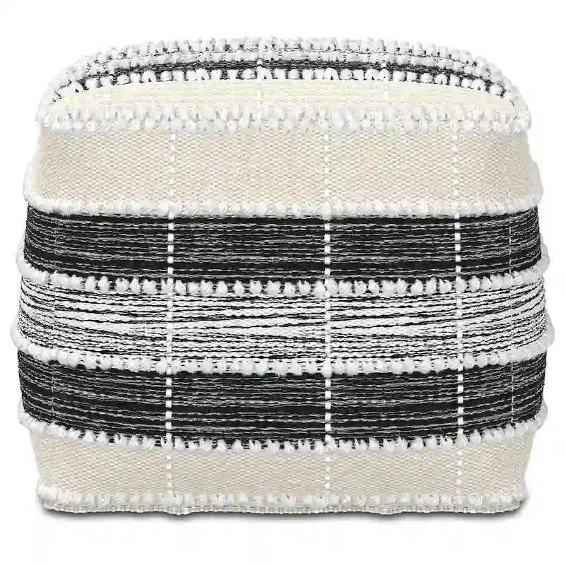 Pouf carré tressé d'extérieur/d'intérieur en blanc, beige, noir avec remplissage en billes de polystyrène