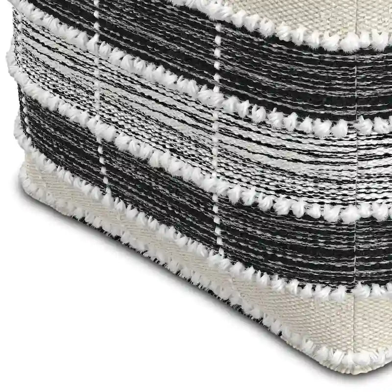Pouf carré tressé d'extérieur/d'intérieur en blanc, beige, noir avec remplissage en billes de polystyrène
