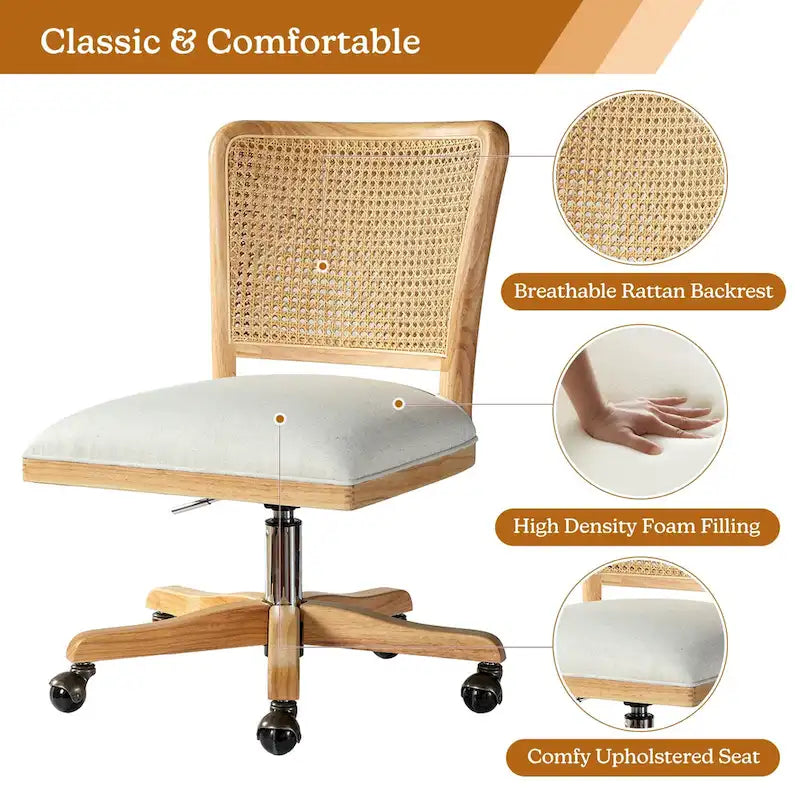 Chaise de bureau moderne en rotin avec pieds en bois massif