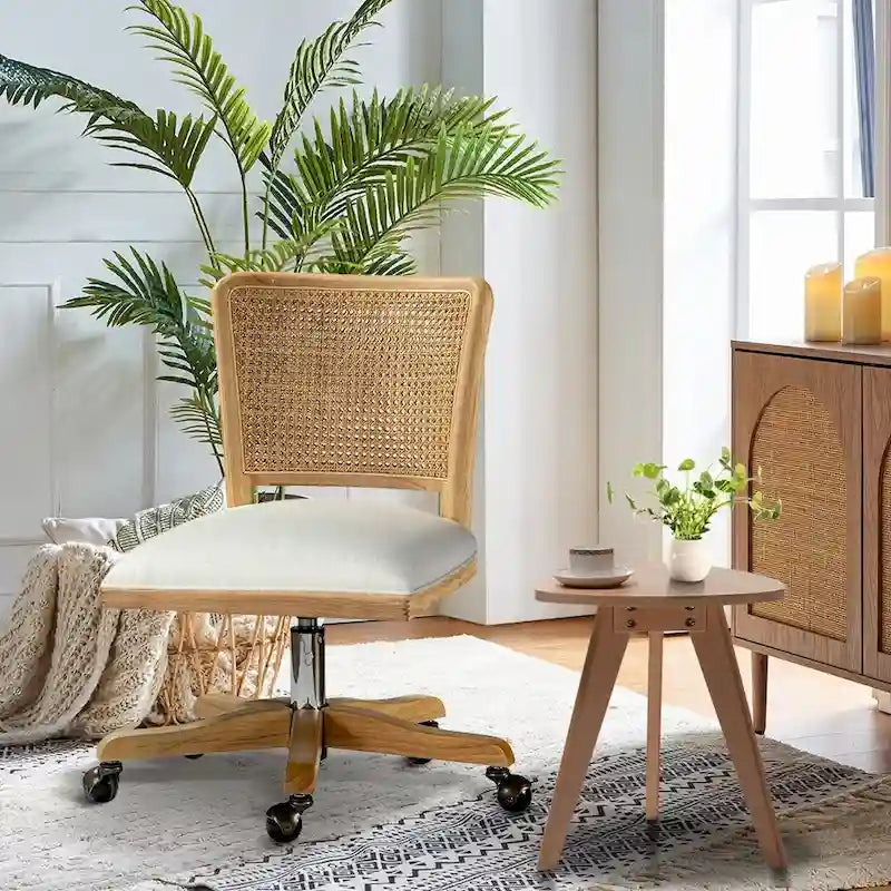 Chaise de bureau moderne en rotin avec pieds en bois massif