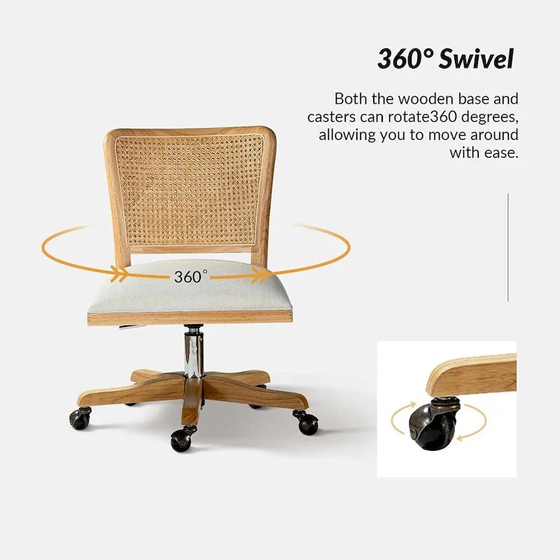 Chaise de bureau moderne en rotin avec pieds en bois massif
