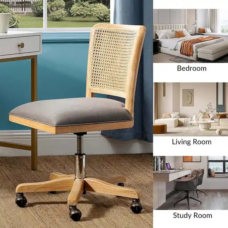 Chaise de bureau moderne en rotin avec pieds en bois massif