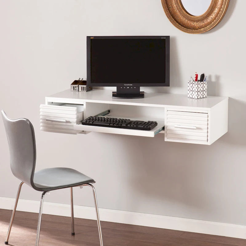 Bureau mural flottant à 2 tiroirs blanc moderne