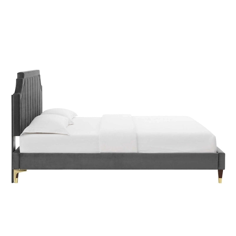 Lit plate-forme Queen en velours performant