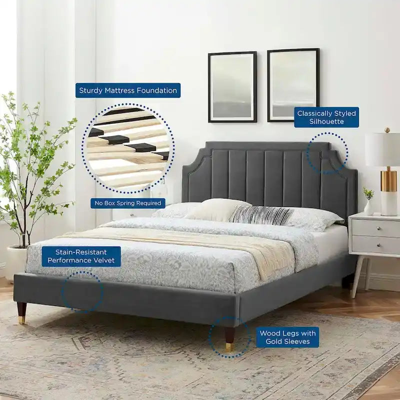 Lit plate-forme Queen en velours performant