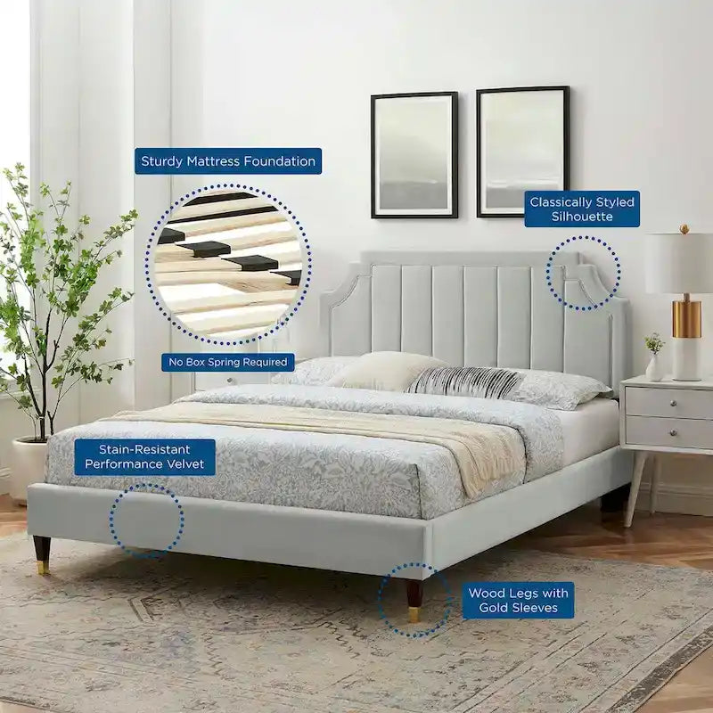 Lit plate-forme Queen en velours performant