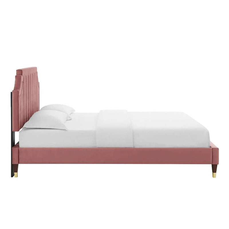 Lit plate-forme Queen en velours performant
