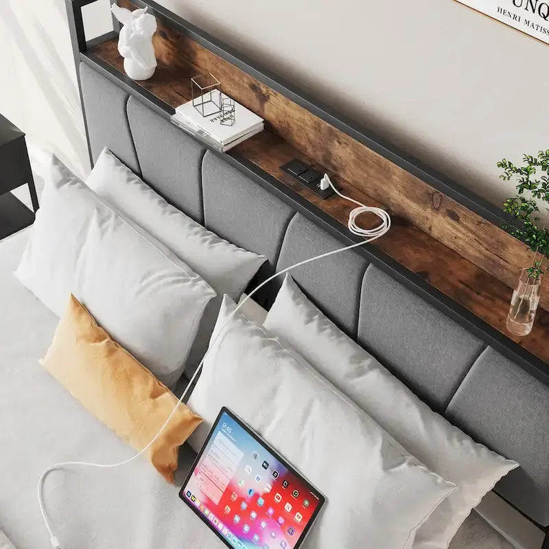 Cadre de lit Queen/Full, tête de lit de rangement avec station de recharge et 2 tiroirs