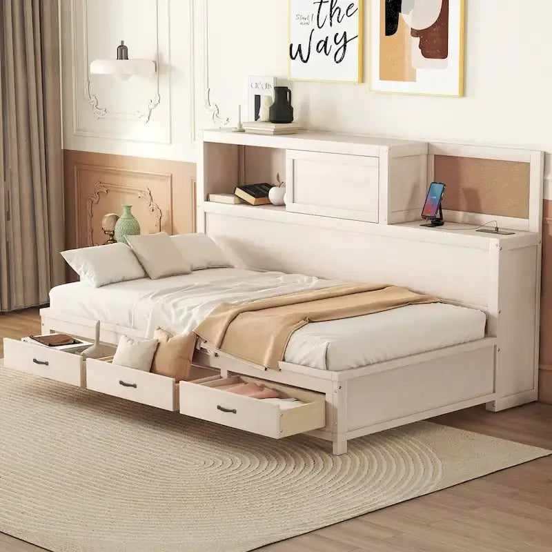 Lit de repos en bois de taille double avec 3 tiroirs et ports USB