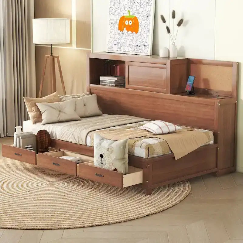 Lit de repos en bois de taille double avec 3 tiroirs et ports USB