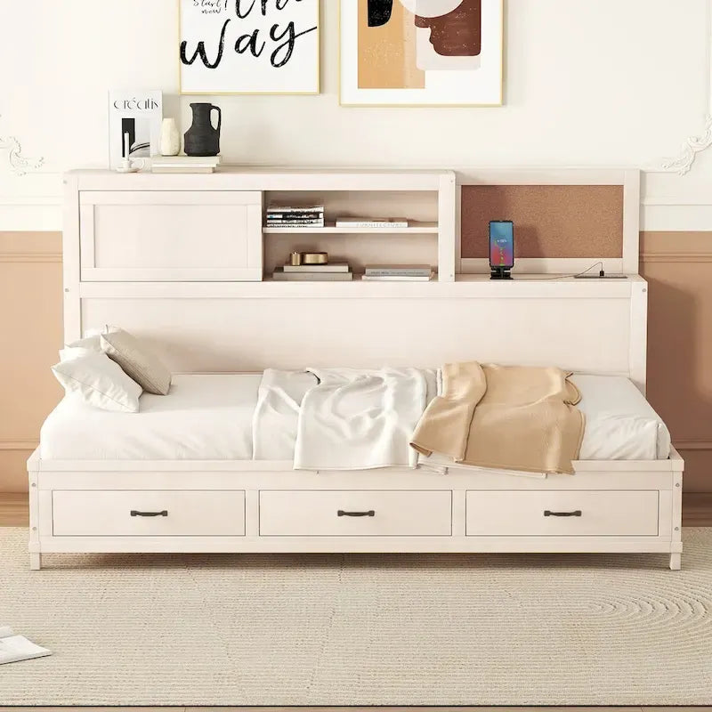 Lit de repos en bois de taille double avec 3 tiroirs et ports USB