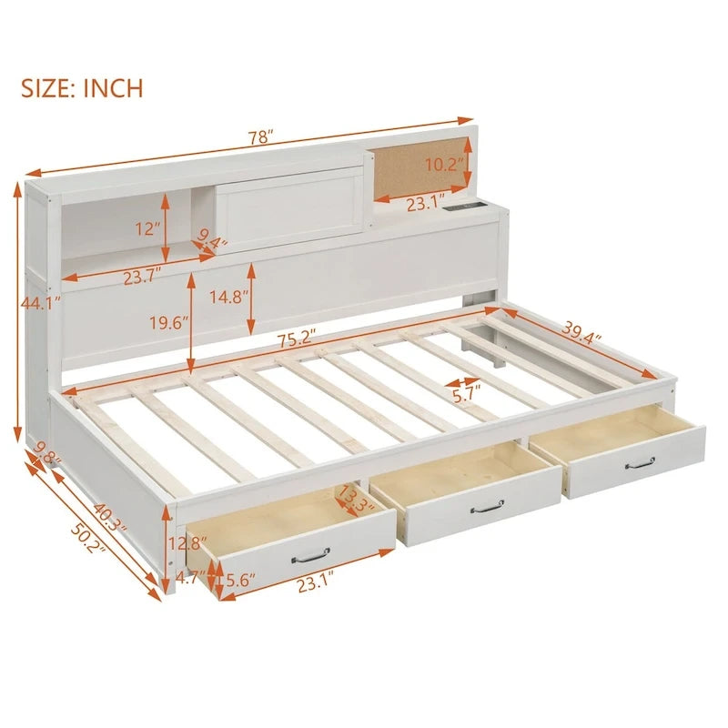 Lit de repos en bois de taille double avec 3 tiroirs et ports USB