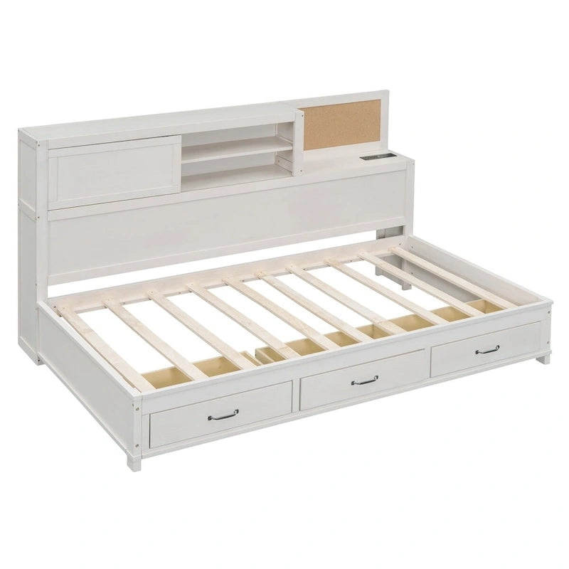 Lit de repos en bois de taille double avec 3 tiroirs et ports USB