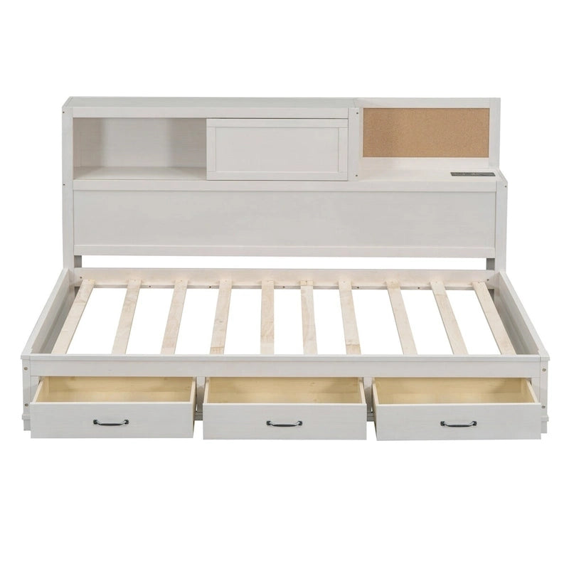 Lit de repos en bois de taille double avec 3 tiroirs et ports USB