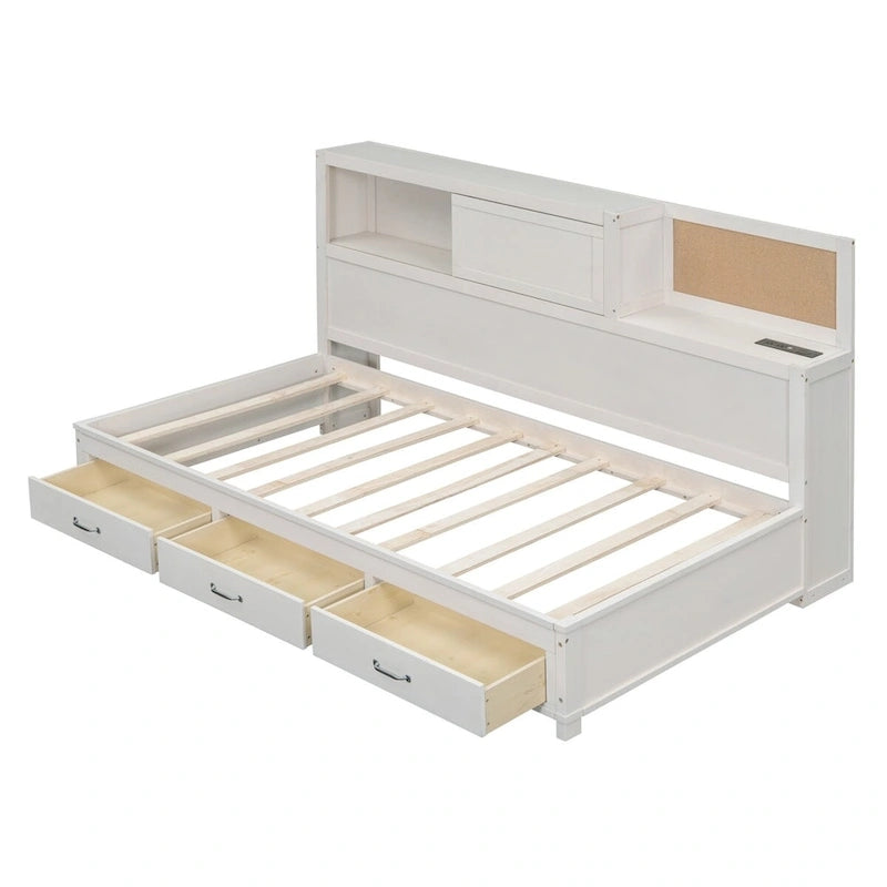 Lit de repos en bois de taille double avec 3 tiroirs et ports USB