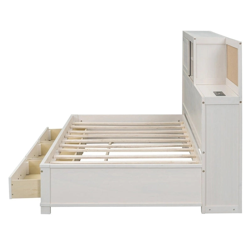 Lit de repos en bois de taille double avec 3 tiroirs et ports USB