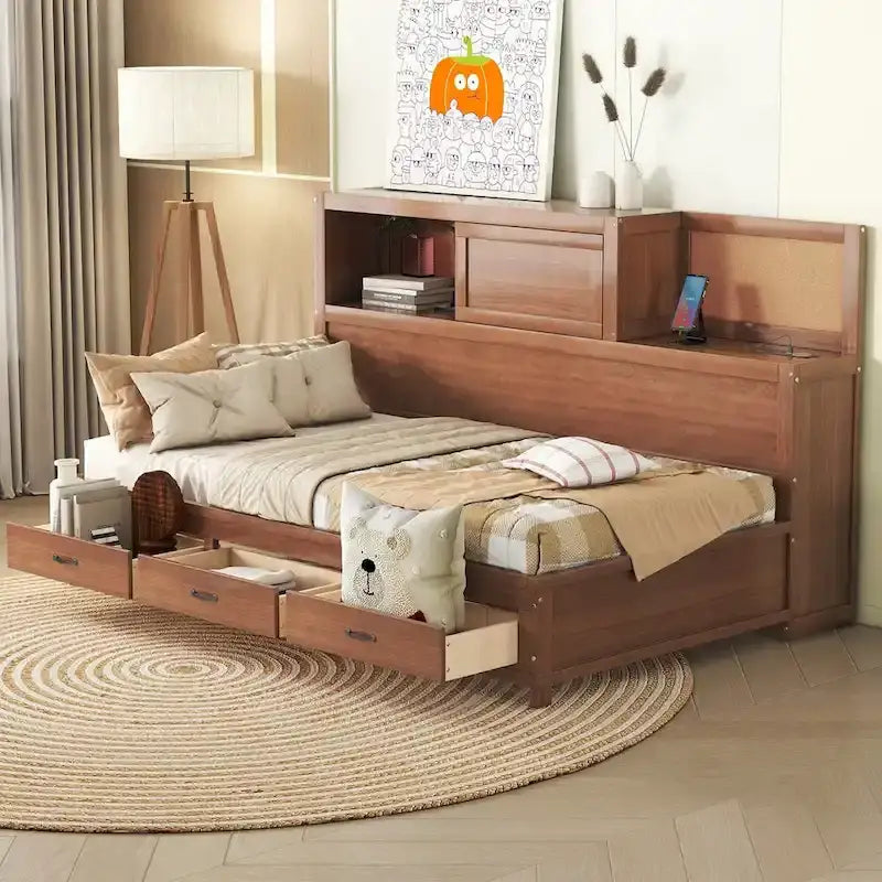 Lit de repos en bois de taille double avec 3 tiroirs et ports USB