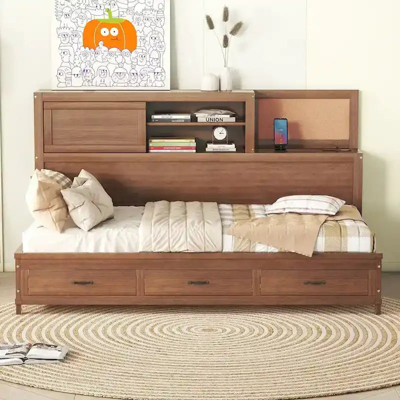 Lit de repos en bois de taille double avec 3 tiroirs et ports USB