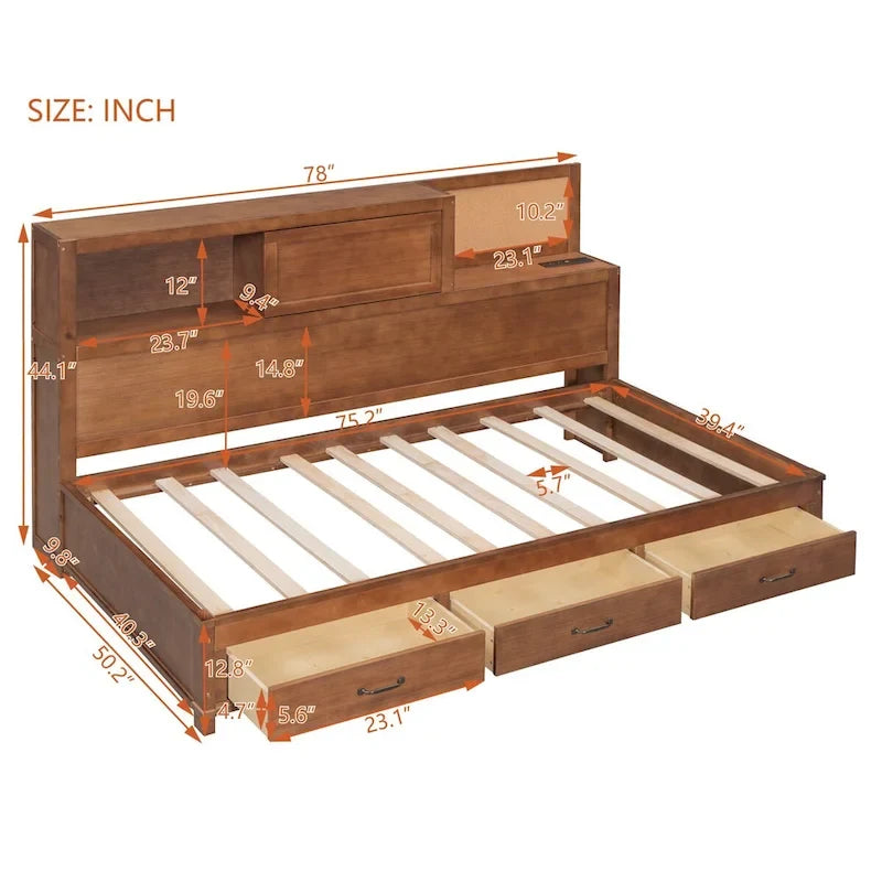 Lit de repos en bois de taille double avec 3 tiroirs et ports USB