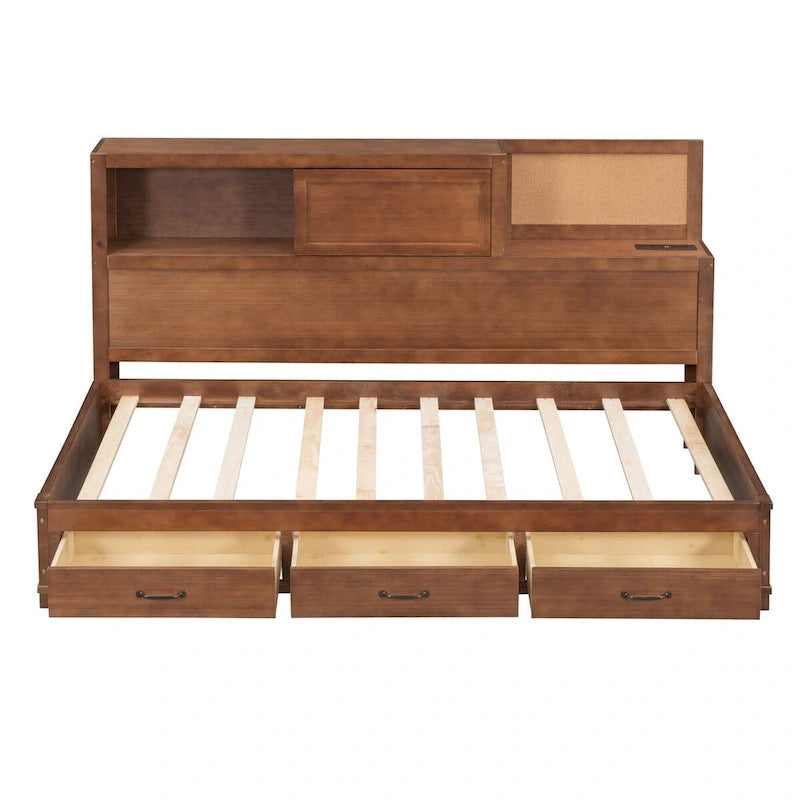 Lit de repos en bois de taille double avec 3 tiroirs et ports USB
