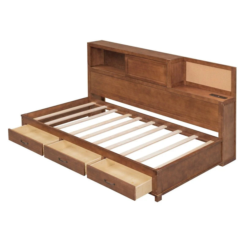 Lit de repos en bois de taille double avec 3 tiroirs et ports USB
