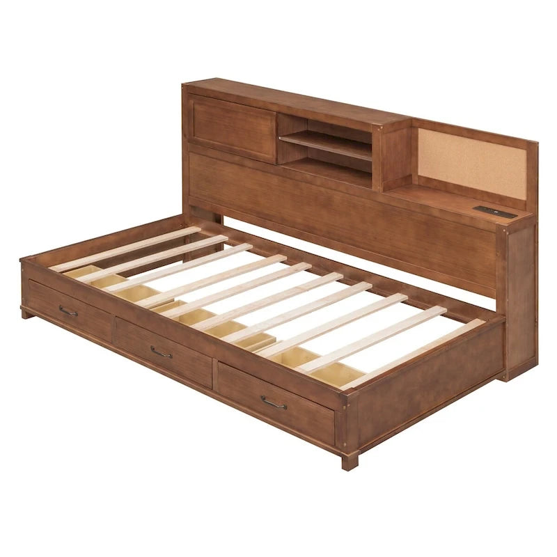 Lit de repos en bois de taille double avec 3 tiroirs et ports USB