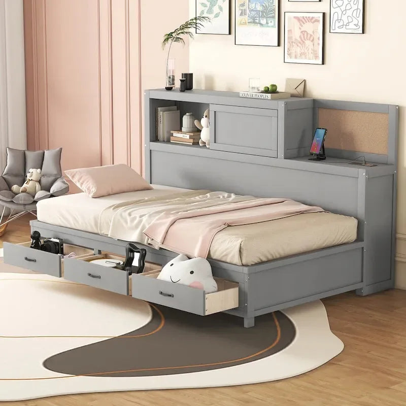 Lit de repos en bois de taille double avec 3 tiroirs et ports USB