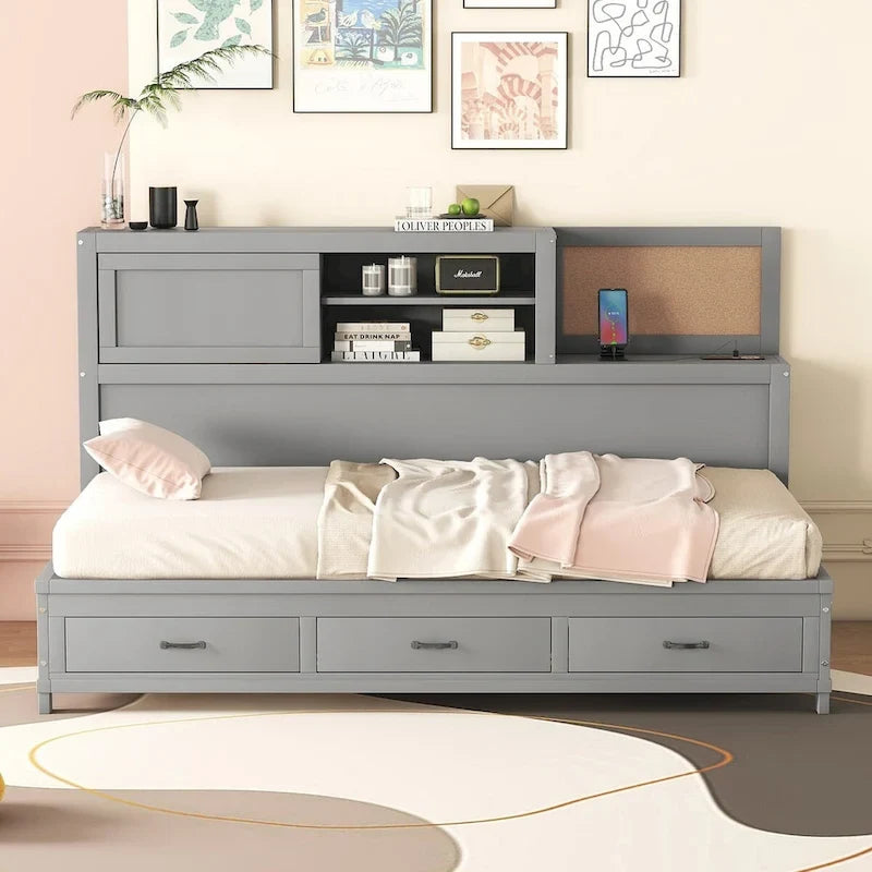 Lit de repos en bois de taille double avec 3 tiroirs et ports USB