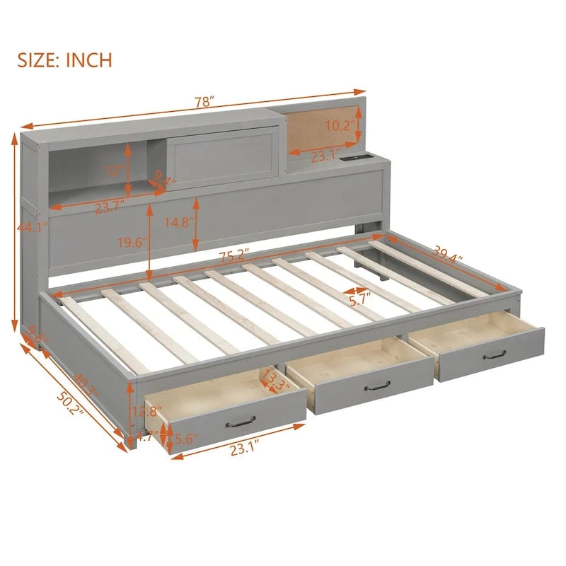 Lit de repos en bois de taille double avec 3 tiroirs et ports USB