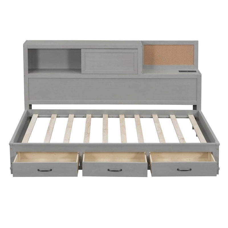 Lit de repos en bois de taille double avec 3 tiroirs et ports USB