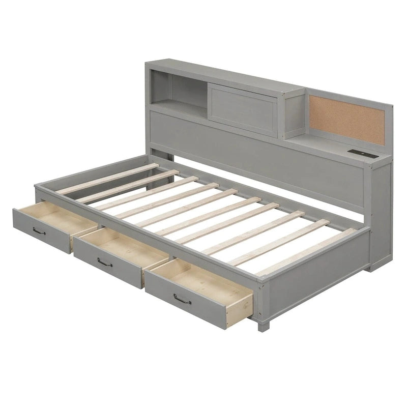 Lit de repos en bois de taille double avec 3 tiroirs et ports USB