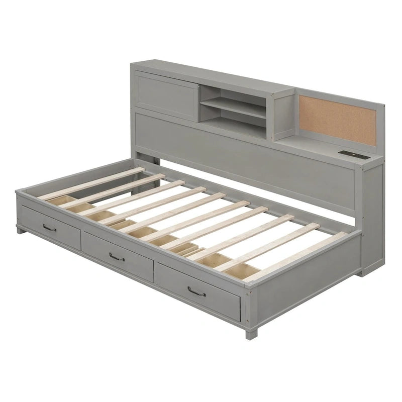Lit de repos en bois de taille double avec 3 tiroirs et ports USB