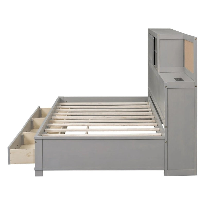Lit de repos en bois de taille double avec 3 tiroirs et ports USB