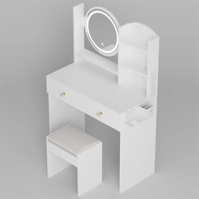 Coiffeuse Miroir LED avec Tabouret Rembourré & 2 Prises CA + 2 Ports USB