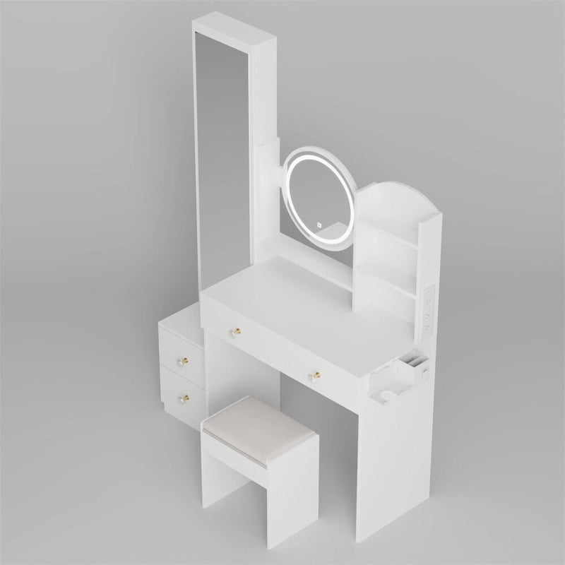 Coiffeuse Miroir LED avec Tabouret Rembourré & 2 Prises CA + 2 Ports USB