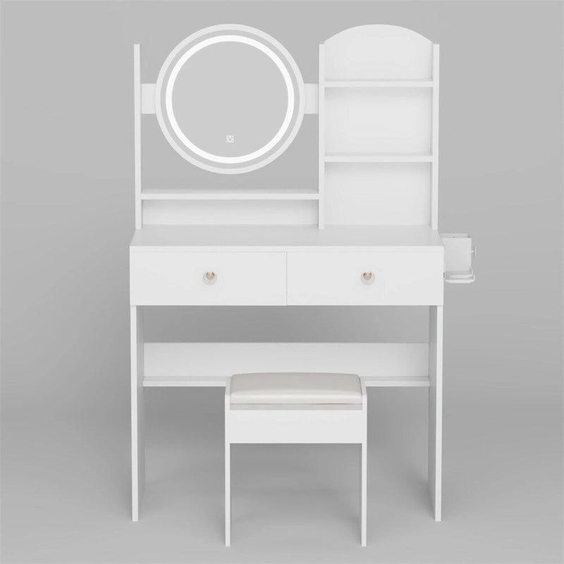 Coiffeuse Miroir LED avec Tabouret Rembourré & 2 Prises CA + 2 Ports USB